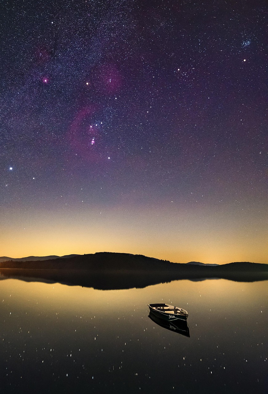lake, boat, night, stars, sky, water, reflection, hill, night sky, silhouette, evening, dark, orion, astronomy, dream, silent, scenic, aesthetic wallpaper, nature, phone wallpaper
